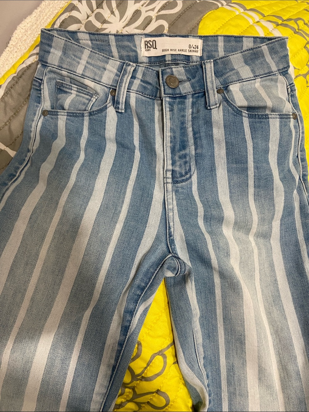 RSQ Blue and White Vertical-Striped High-Rise Jeans
